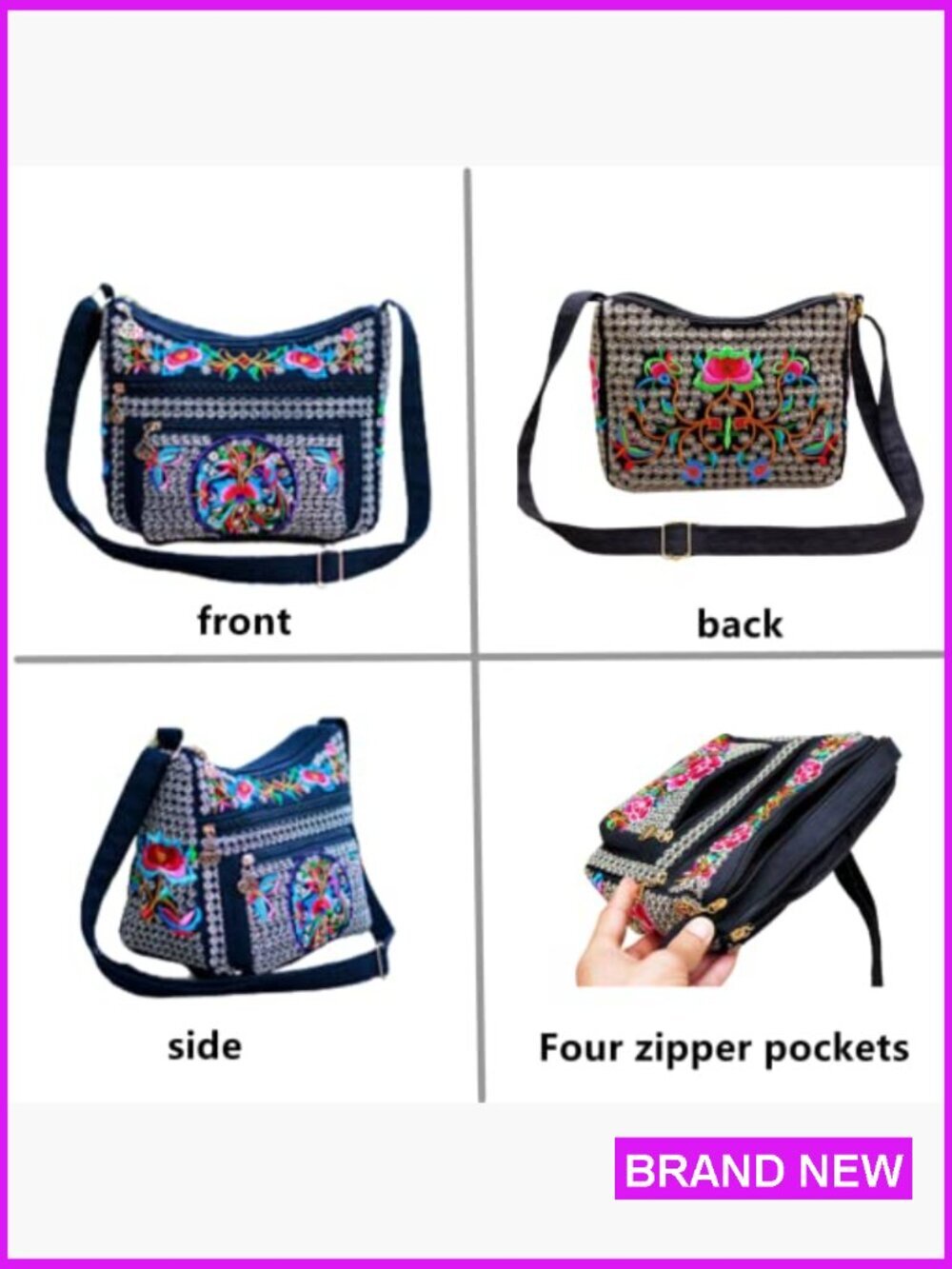 Vintage Embroidered Hobo Crossbody Bag Boho Hippie Tote Handbag Shoulder Purse - Picture 3 of 7